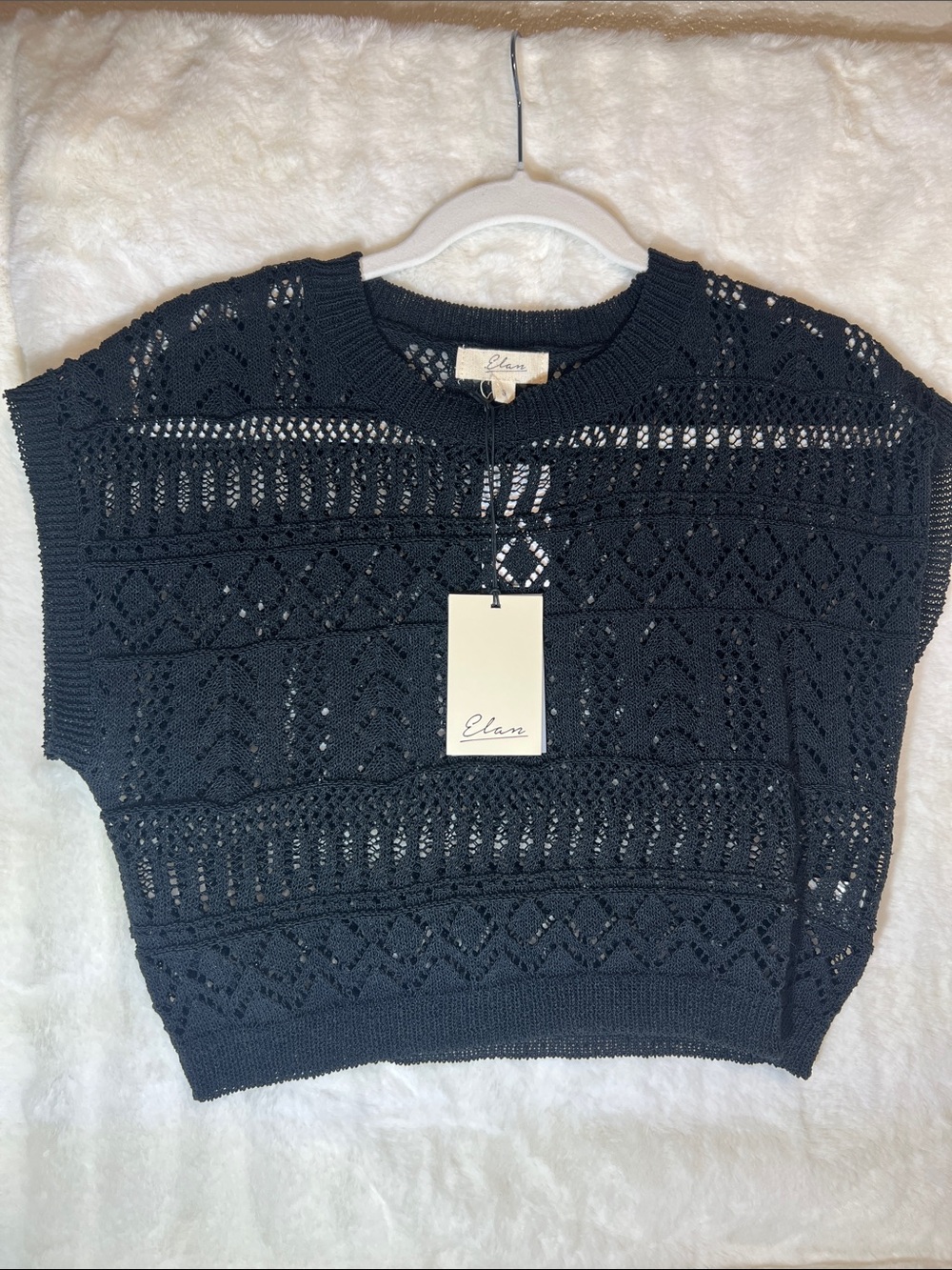 Elan Black Open-Knit Short Sleeve Pullover